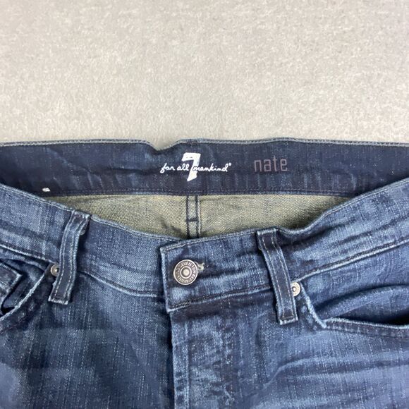 7 For All Mankind Jeans Mens 34x30 Blue Button Fly Denim Nate Bootcut Distressed - Picture 3 of 9